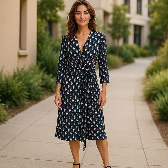 Chic Navy Patterned Wrap Dress - Picture 1 of 2